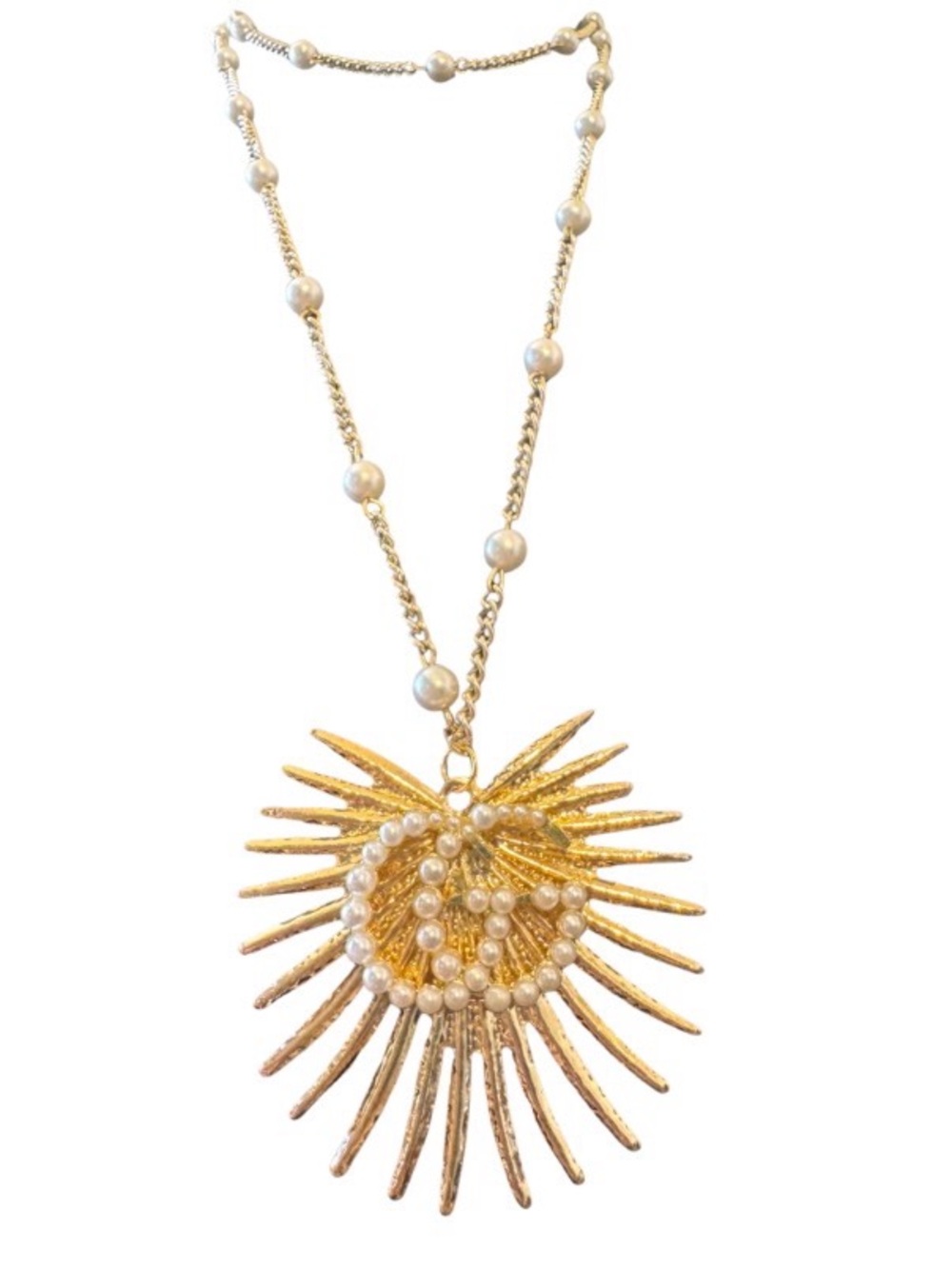 Gold Pearl Gucci Pin Upcycled on a Sunburst Pendant Necklace